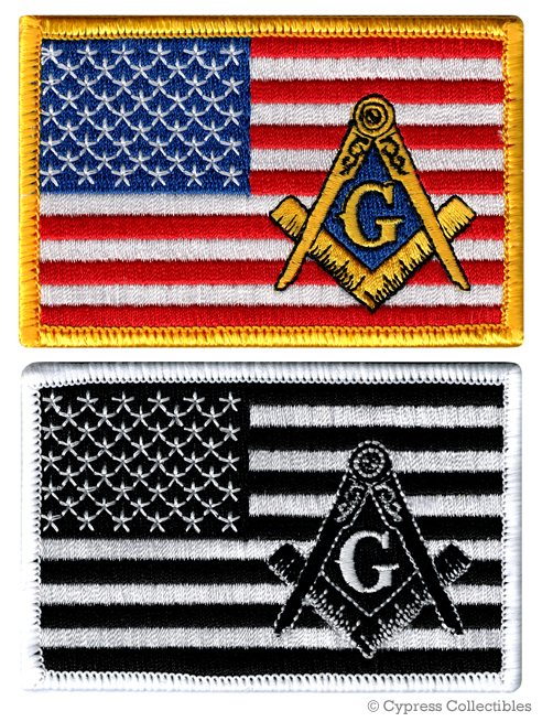 LOT TWO MASONIC LOGO USA FLAG EMBROIDERED PATCHES FREEMASON SQUARE COMPASS MASON